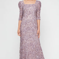 Long Square Neck Sequin Soutache Lace Gown with Puff Shoulder Detail