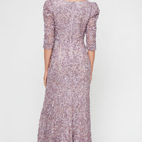 Long Square Neck Sequin Soutache Lace Gown with Puff Shoulder Detail