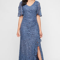 Plus V-Neck Stretch Sequin Lace with Cold Shoulder Sleeves & Cascade Detail Skirt