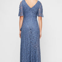 Plus V-Neck Stretch Sequin Lace with Cold Shoulder Sleeves & Cascade Detail Skirt