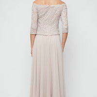 Stretch Lace Off the Shoulder Mock Dress with Scallop Neckline & Chiffon Full Skirt