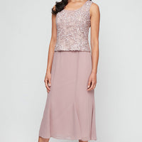 Regular - Tea-Length Soutache Dress with Center Front Button Jacket and Chiffon Skirt