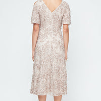 Regular - Tea-Length V-Neck Sequin Soutache Dress with Cold Shoulder Sleeves