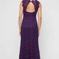 Petite Long Sleeveless Lace Mermaid Dress with Illusion Neckline and Scallop Detail