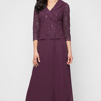 Long Stretch Lace Mock Dress with Portrait Collar Neckline and Chiffon Skirt