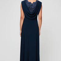 Empire Waist Dress with Matte Jersey Body and Cowl Back Detail with an Embroidered Sequin Lace Bodice