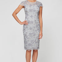 Petite - Embroidered Sheath Dress with Illusion Neckline, Short Sleeves and Scallop Detail