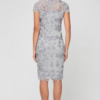 Petite - Embroidered Sheath Dress with Illusion Neckline, Short Sleeves and Scallop Detail