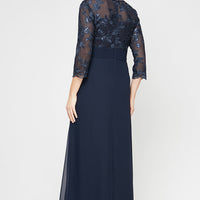 Long 3/4 Sleeve Gown with Embroidered Bodice, Pleated Waist and Asymmetric Cascade Skirt
