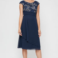 A-Line Stretch Tulle Dress with Embroidered Empire Bodice, Pleated Detail & Cascade Skirt