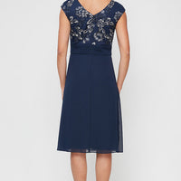 A-Line Stretch Tulle Dress with Embroidered Empire Bodice, Pleated Detail & Cascade Skirt