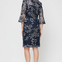 Petite - Embroidered Sheath Cocktail Dress with Illusion Neckline & Bell Sleeves
