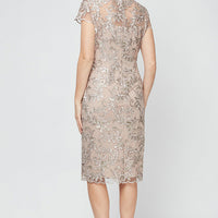 Petite Embroidered Sheath Dress with Illusion Neckline and Cap Sleeves