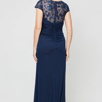 Long Cascade Detail Dress with Embroidered Illusion Neckline and Cap Sleeves
