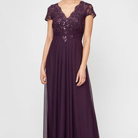 Long Surplice Neckline A-Line Dress with Embroidered Pleated Waist and Scallop Detail