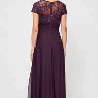 Long Surplice Neckline A-Line Dress with Embroidered Pleated Waist and Scallop Detail