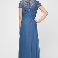 Petite Long Surplice Neckline A-Line Dress with Embroidered Pleated Waist and Scallop Detail