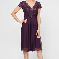 Regular - Short Cap Sleeve Empire Waist Dress with Scallop Detail & Ruched Waist