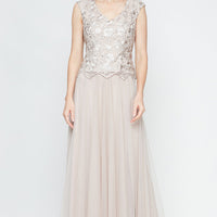 Regular - Long V-Neck Embroidered Stretch Tulle Gown
