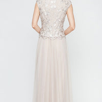 Petite - Long V-Neck Embroidered Mock Dress with Cap Sleeves and Full Skirt