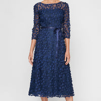 3-D Flower Party Dress with Illusion Neckline and Sleeves