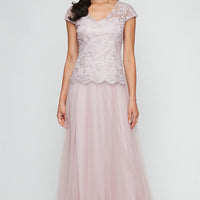 Regular - Long Embroidered Mock Dress with V-Neckline, Cap Sleeves and Full Tulle Skirt