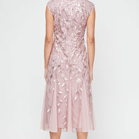 Plus - Midi Embroidered Dress with Illusion Neckline and Godet Detail Skirt