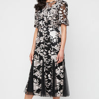 Midi Embroidered Jacket Dress with Square Neckline, Godet Detail Skirt and Elbow Sleeve Jacket