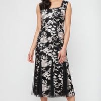 Midi Embroidered Jacket Dress with Square Neckline, Godet Detail Skirt and Elbow Sleeve Jacket