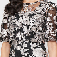 Midi Embroidered Jacket Dress with Square Neckline, Godet Detail Skirt and Elbow Sleeve Jacket
