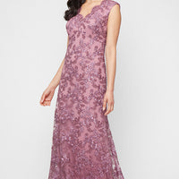 Long Sleeveless Embroidered A-Line Dress with Scallop Detail V-Neckline