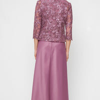 Petite Long Embroidered Tulle Mock Jacket Dress with Open Scallop Detail Jacket and Satin Skirt