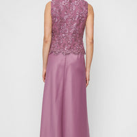 Plus Long Embroidered Tulle Mock Jacket Dress with Open Scallop Detail Jacket and Satin Skirt
