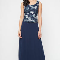 Petite Long Embroidered Tulle Mock Jacket Dress with Scoop Neckline and Chiffon Skirt