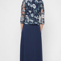 Petite Long Embroidered Tulle Mock Jacket Dress with Scoop Neckline and Chiffon Skirt