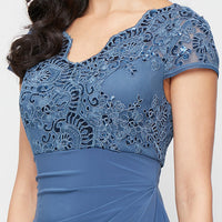 Long Embroidered Tulle Empire Waist Dress with Jersey Cascade Overlay Skirt