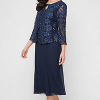 Plus Midi Embroidered Tulle Mock Jacket Dress with Hook Neck Closure Attached Jacket and Chiffon Skirt