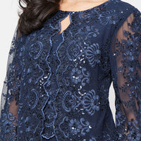 Plus Midi Embroidered Tulle Mock Jacket Dress with Hook Neck Closure Attached Jacket and Chiffon Skirt