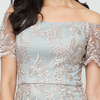 Long Embroidered Tulle Off the Shoulder Dress with Scallop Detail