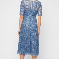 Midi Embroidered Tulle V-Neck Dress with Illusion Elbow Sleeves and A-Line Skirt