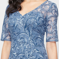 Midi Embroidered Tulle V-Neck Dress with Illusion Elbow Sleeves and A-Line Skirt