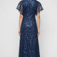 Long Embroidered Tulle Mermaid Dress with V-Neckline and Illusion Flutter Sleeves