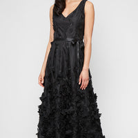Long Sleeveless 3-D Flower A-Line Dress