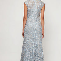 Long Embroidered Fit & Flare Dress with Illusion Neckline and Shawl