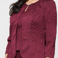 Tea Length Textured Jacquard Mock Jacket Dress with Scoop Neck Bodice, Full Skirt and Decorative Hook Neck Closure Jacket
