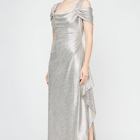 Petite Long Cowl Neck Cold Shoulder Dress With Cascade Detail Skirt