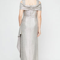 Petite Long Cowl Neck Cold Shoulder Dress With Cascade Detail Skirt