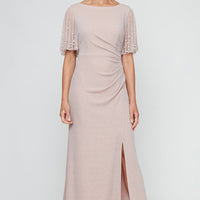Petite Long Embellished Flutter Sleeve Metallic Knit Dress With Ruched Waist Detail and Front Slit