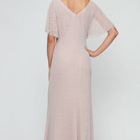Petite Long Embellished Flutter Sleeve Metallic Knit Dress With Ruched Waist Detail and Front Slit