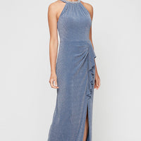 Regular - Metallic Knit Halter Dress with Embellished Neckline & Cascade Detail Skirt